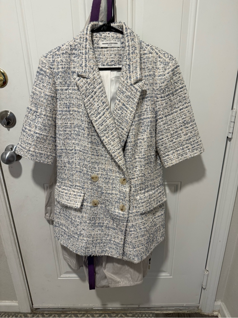 Amanda Uprichard White and Light Blue Tweed Short Sleeve Blazer
